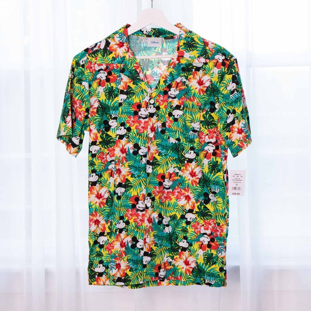 Tropical Print Disney Mickey Mouse Short Sleeve Shirt Hawaiian Floral Mens Small